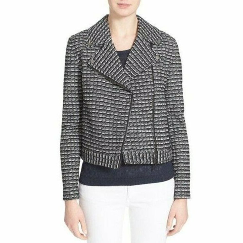 Tory Burch Tweed black Raffia striped moto jacket size small asymmetrical zip